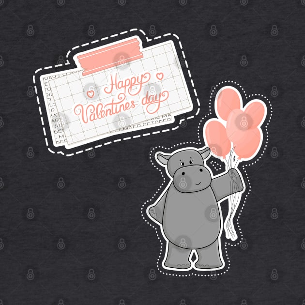 Cute hippo with balloons and Happy Valentines day text by essskina